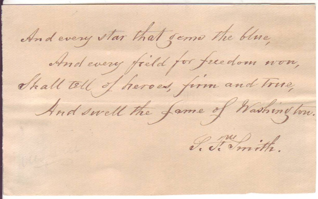 SMITH, SAMUEL FRANCIS. Autograph Quotation Signed, S.F. Smith, last four lines from his poem, Century Hymn.